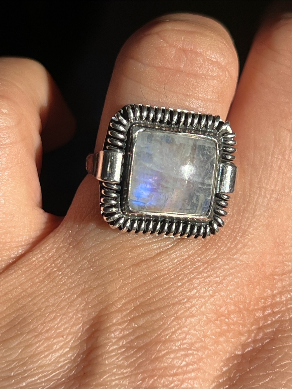 Moonstone Square Sterling Ring - Blue Flash - Picture 2 of 7
